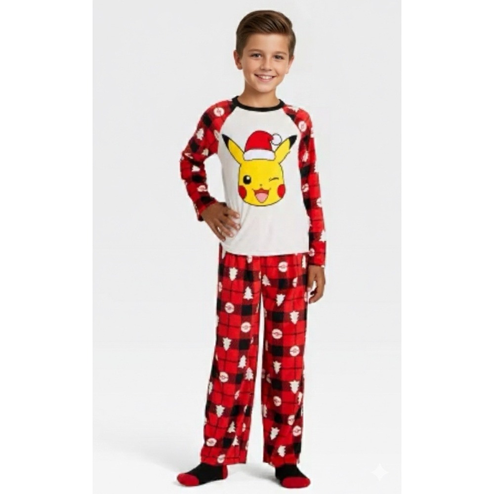 Boys' 3pc Pokemon Christmas Cozy Pajama‎ Set with Socks - Red XS 4/5
